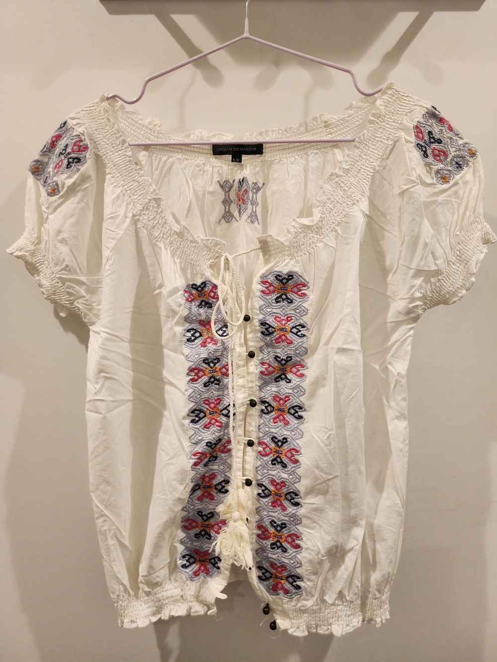 Urban Behavior White Peasant Top with Multicolor Embroidery 100% Cotton